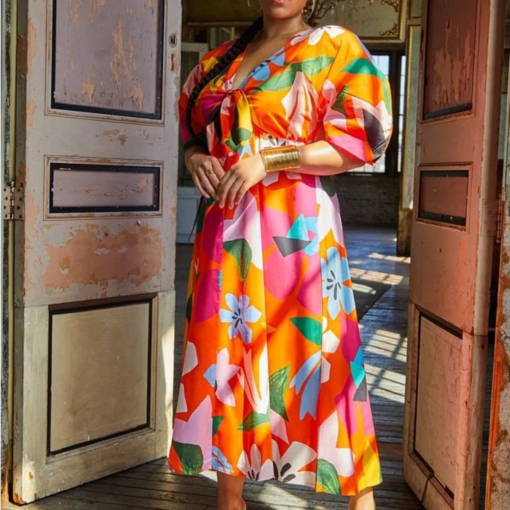 Eloquii Orange Puff Sleeve Colorful Floral Maxi Boardwalk Bloom Dress Size 16 - Picture 5 of 8
